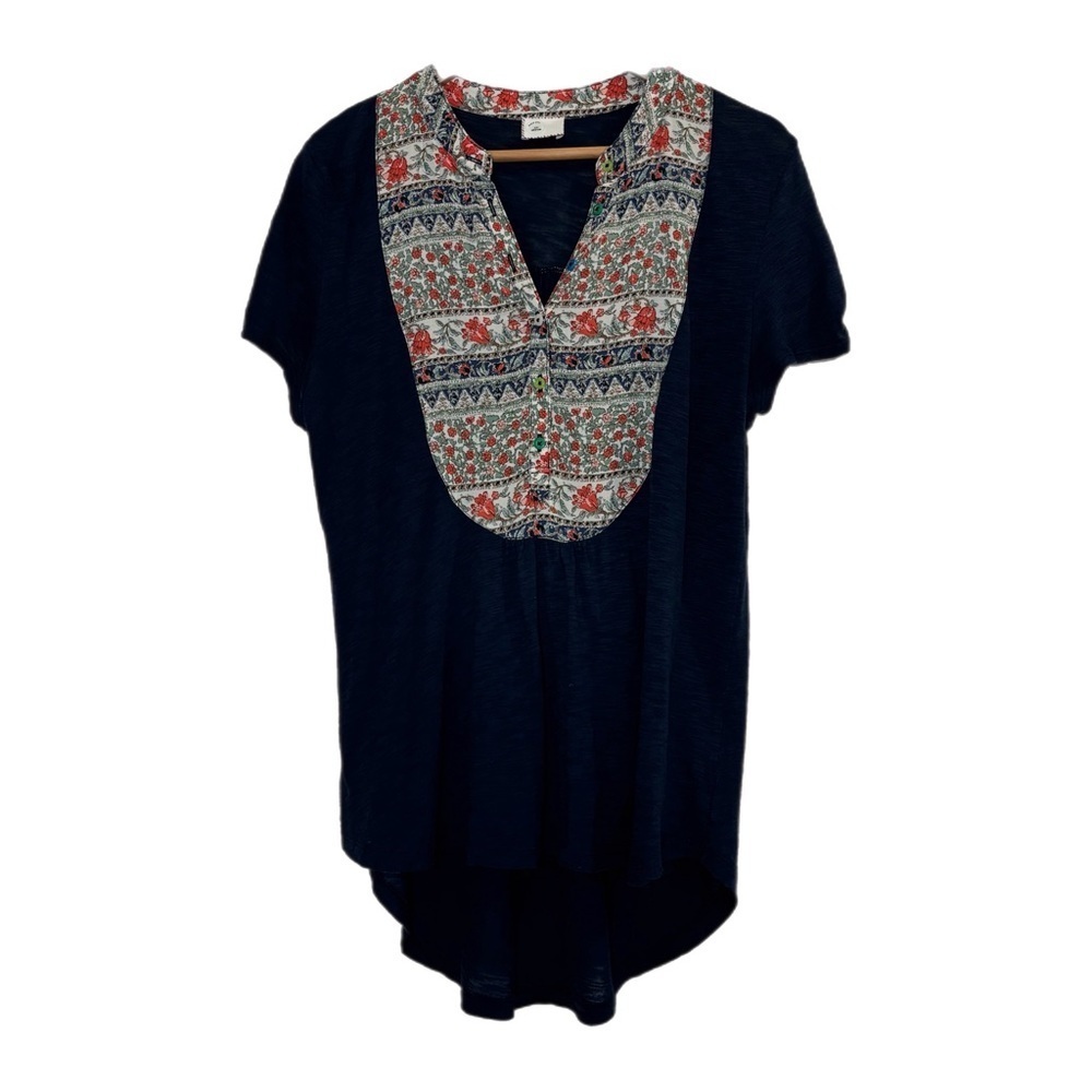 Anthropologie Postmark cotton navy blue top w/ floral frieze bib detail